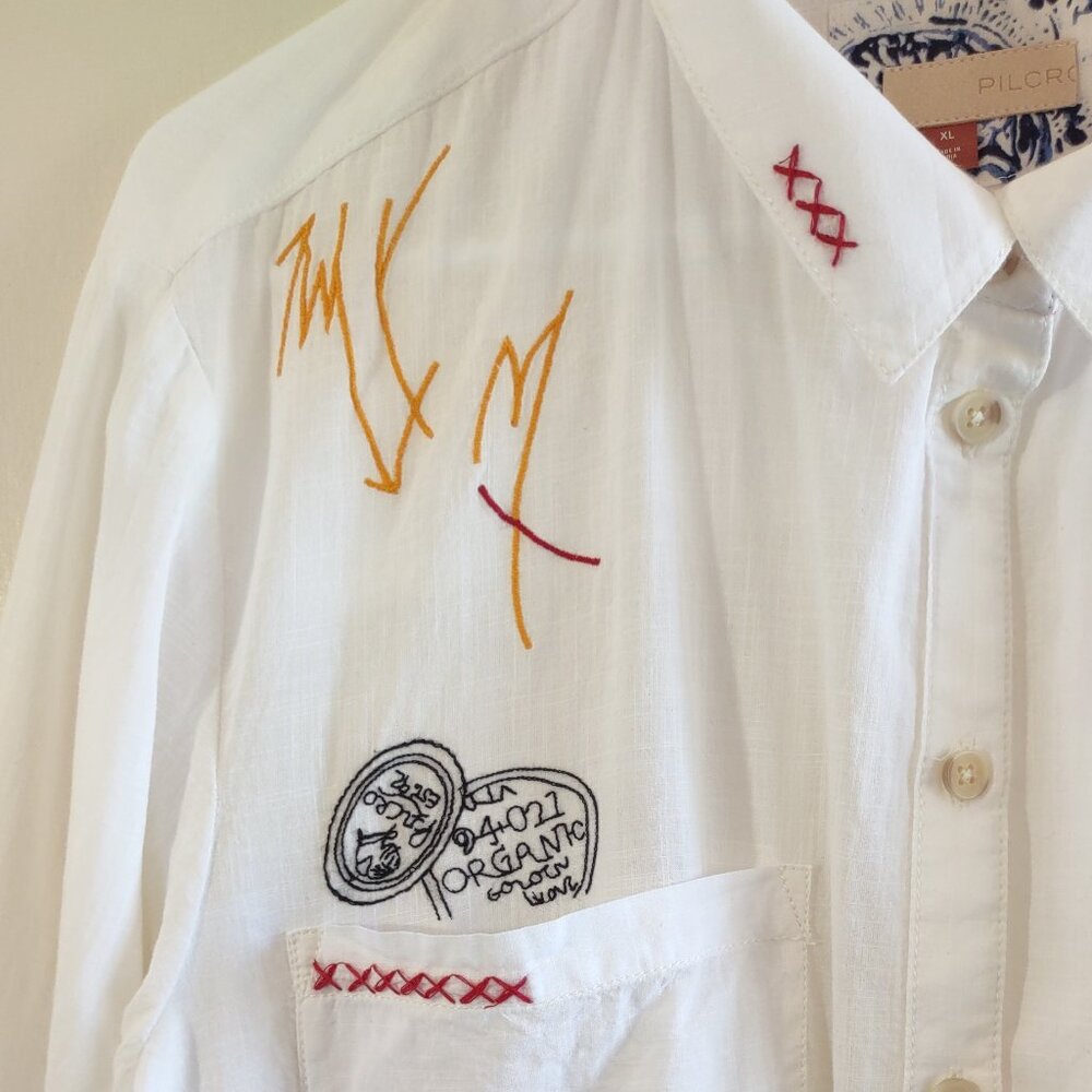 Anthropologie Pilcro Embroidered White Classic Shirt Retro Art Whimsy Size XL - Picture 11 of 16